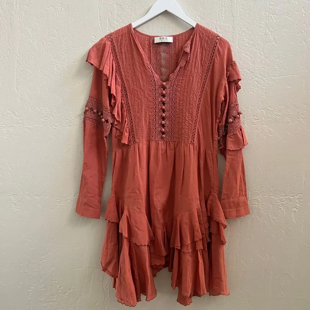 SEA New York $495 Weatherly Pom Crochet Dress in Salmon - Picture 6 of 11